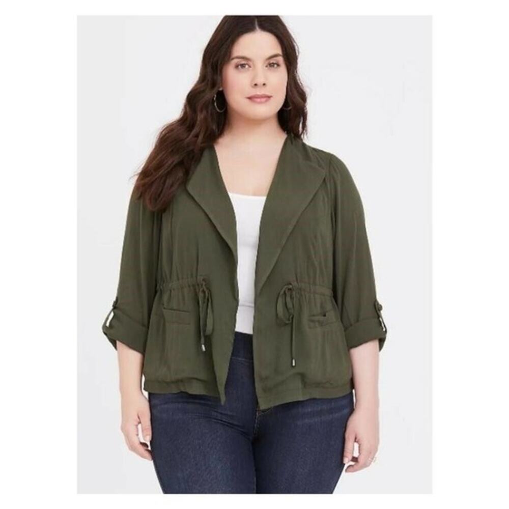 Torrid Olive Green Drape Anorak Open Front Lightweight Pockets 2